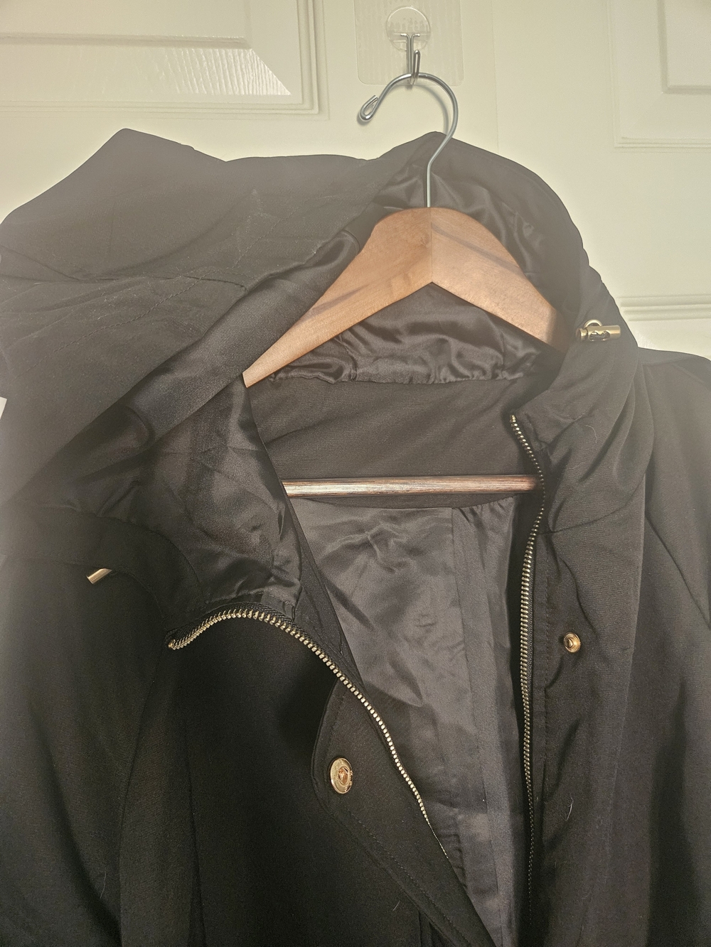 Men Or Woman's Black Hooded Raincoat with Zip, Snap Front & Gold-Tone Accents